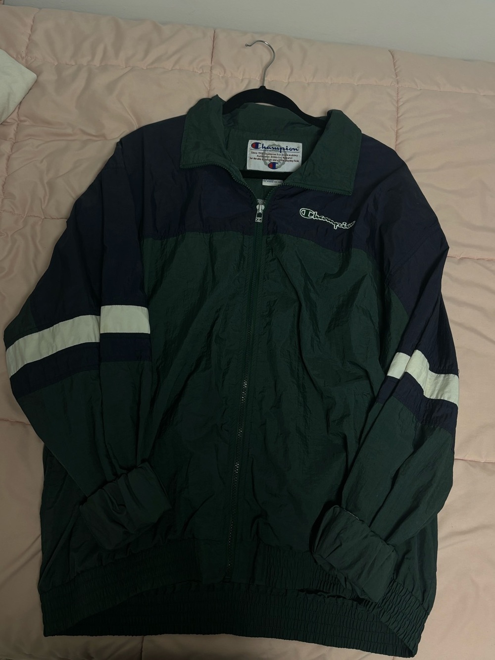 Champion Dark Green & Navy Retro Stripe Windbreaker Jacket